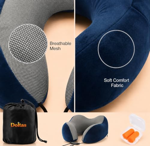 Image of DOLTAS Memory Foam Travel Pillow for Neck Pain Relief, Includes Eye Mask & Noise Isolating Ear Plugs, Portable Combo for Men & Women, Ideal for Long Flights & Road Trips | Velvet Navy Blue