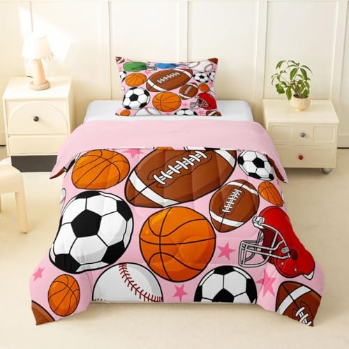 Image of Feelyou Football Bedding Set Soft for Boys Girls, Basketball Sports Comforter Set Twin Size Baseball Gaming Duvet Quilt Microfiber Pink Soccer Ball Game Bedroom Decor 2 Pcs with 1 Pillow Cases