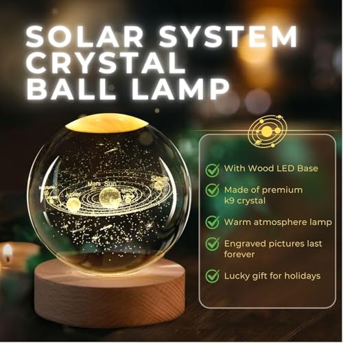 Image of 3D Solar Planet Crystal Ball LED Night Lamp, Creative Engraved Night Light Wooden Base, Warm White Decorative Table Lamp for Home, Office, Bedroom, Birthday Gift (Solar Planet)