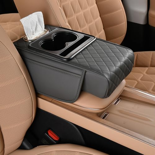 Image of Car Armrest Cushion,5-in-1 Center Console Cover with 2 Storage Bags Cup Holder, Tissue Box Slot, Phone Slot for Sedans, Car Accessories Interior Organizers (Gey)