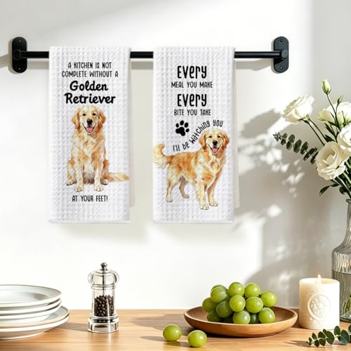 Image of 2 Pcs Funny Golden Retriever Kitchen Towels 24x14 Inch, Golden Retriever Decorative Reusable Dish Towels for Kitchen Bathroom Decor, Waffle Weave Hand Cloth Tea Towel, Dog Lover Gifts for Women Friend