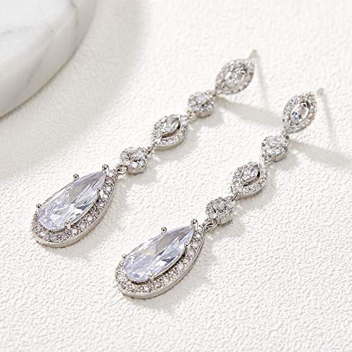 Sweetv Long Pear-Shaped Wedding Birdal Earrings For Brides, Bridesmaids, Crystal Chandelier Dangle Drop Earrings For Women Prom, Silver #TOP3