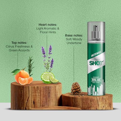 Image of Layer'r Shot Royal Jade Fragrant Body Spray Combo For Men 2 x135ml | Long-Lasting Premium Fragrance Herbal & Fruity Blend Scent | Perfume For Body & Clothes | Deodorant Gift For Men