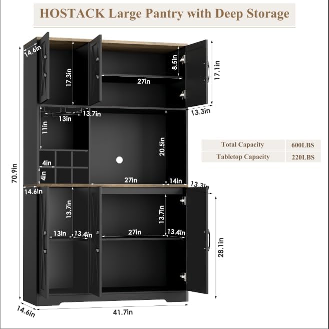 HOSTACK Kitchen Pantry Storage Cabinet, 71" Tall Food Pantry Cabinet with Microwave Stand, Farmhouse Kitchen Hutch, Coffee Bar Hutch with Wine Rack for Dining Room, Living Room, Black Black/Rustic Brown