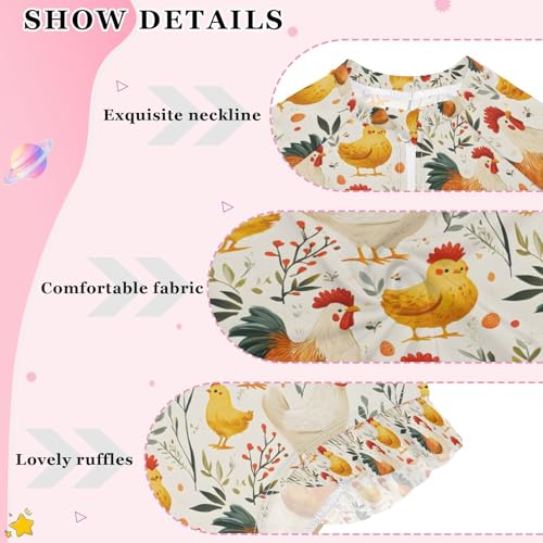 ALAZA Rooster Hen Chicken Leaves Girls One Piece Swimsuit Long Sleeve Rashguard Swimsuit UV 50+ Swimwear Zip4