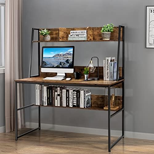 COSTWAY Computer Desk with Storage Bookshelf, 2-in-1 Workstation PC Laptop Table, Home Office Work Study Writing Desk for Bedroom Living Room (Antique)