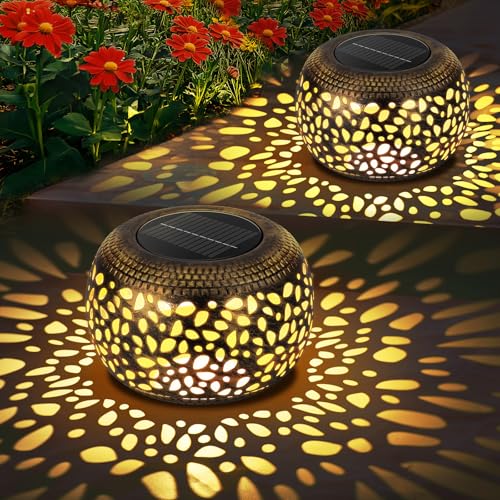 FOFAI Solar Lanterns for Outside: 2 Pack Hollow Out Metal Solar Lights Outdoor Garden with Beautiful Pattern - Gardening Birthday Gifts for Mom - Garden Ornament Table Decorations 2 Lighting Colours