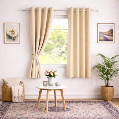 Image of Roseate 100% True Black Out Curtains (5 Feet /Set of 2) Solid Room Darkening Curtain & Thermal Insulated for Bedroom, Living Room (Beige / 116x152 cm)