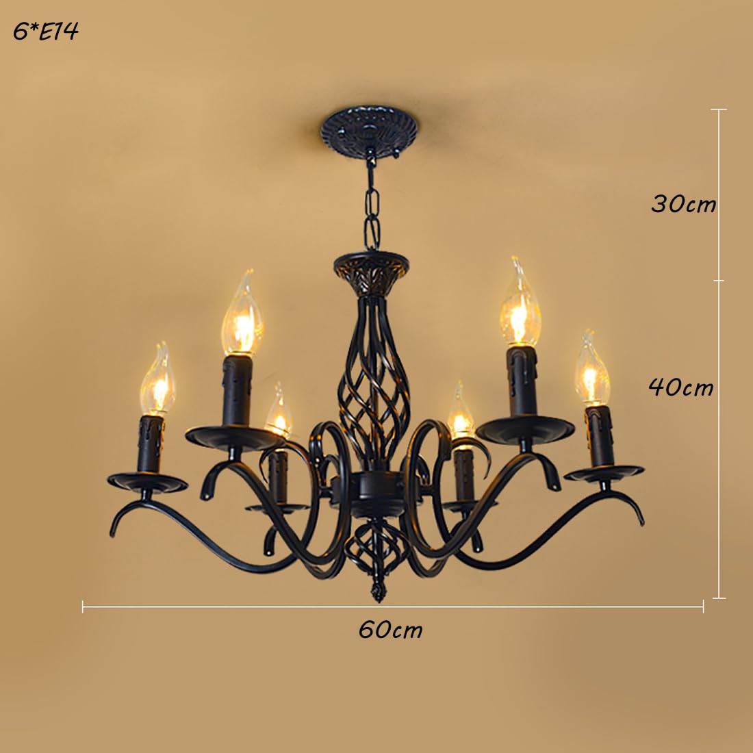 Klassisch Antik Pendelleuchte Kronleuchter LED Vintage Kerze Esszimmer Lampe Schwarz Metall Eisen Wohnzimmer Hängelampe 6-flammig Retro Rustikal E14 Deckenbeleuchtung Büro Küche Höhenverstellbar D60cm