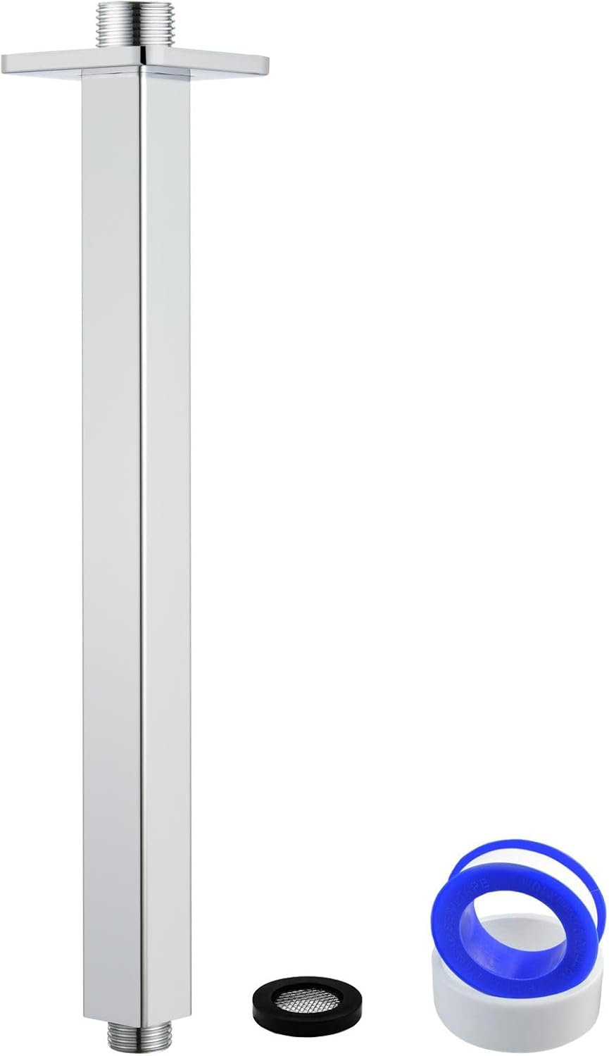 Ceiling Mounted Shower Arm with Flange, Universal Connection 1/2 NPT Straight, Made of Thicken Stainless Steel, Square Extension Arm for Fixed Rain Shower Head(16 Inch, Chrome)