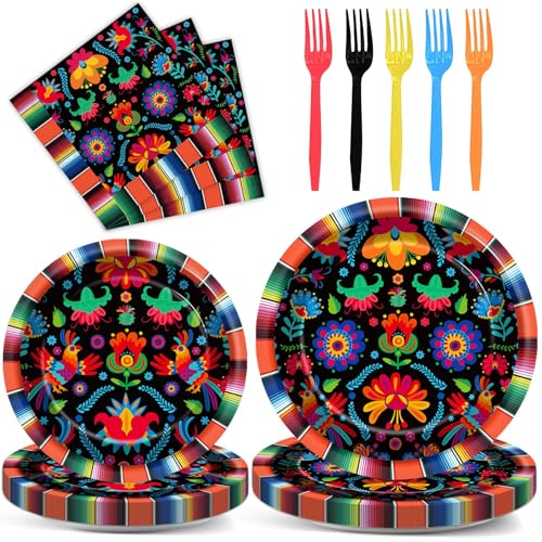 Image of 100PCS Mexican Fiesta Party Plates and Napkins Party Supplies Mayo Mexico Mexican Tableware Dinnerware Set Decorations for Dia De Los Muertos Day of The Dead Dance Pinata Colorful Ponchos Serves 25