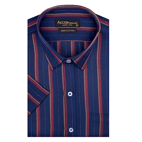 Image of ACCOX Men's Cotton Half Sleeves Dark Striped Regular Fit Formal Shirt for Men