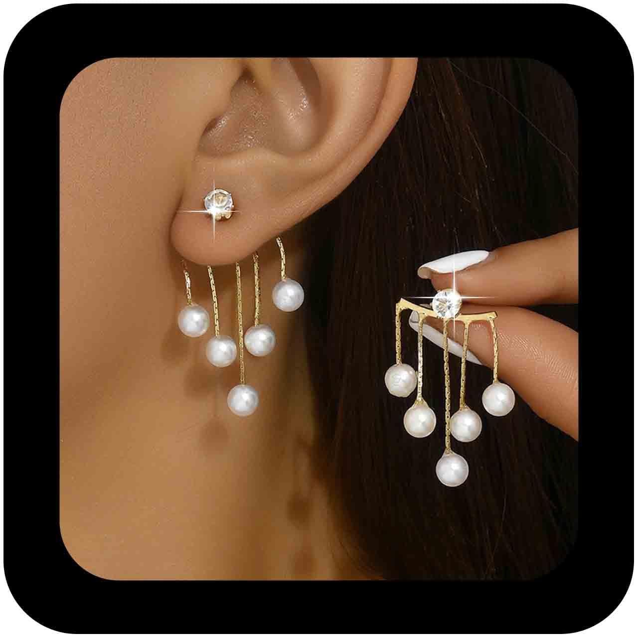 Boho Pearl Tassel Dangle Earrings Pearl Ear Jacket Earrings Cz Crystal Stud Earring Vintage Gold Pearls Front Back Earring Jewelry for Women