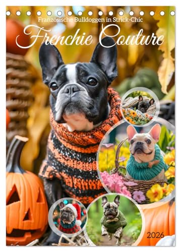Frenchie Couture - Französische Bulldoggen in Strick-Chic (Tischkalender 2026 DIN A5 hoch), CALVENDO Monatskalender: Französische Bulldoggen in lustigen Hundestricksachen (CALVENDO Tiere)