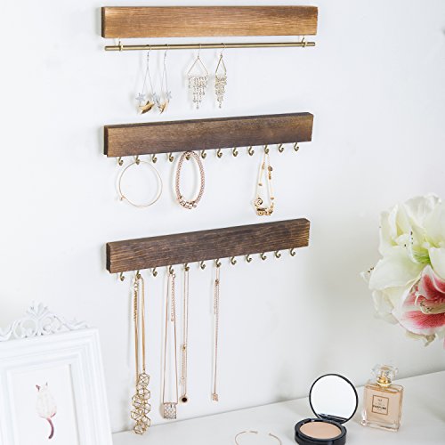 Mygift 3-Piece Wall Jewelry Organizer, Wall-Mounted Rustic Wood And Gold Tone Metal 24 Hook Necklace And Bracelet Storage Rack With Hanging Earring Bar #TOP3