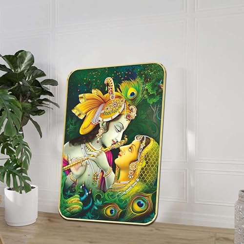Image of SAF Radha Krishna Wall Painting with Peacock Feathers | Spiritual Love Artwork for Home Decor | Hindu Religious MDF Wall Art for Living Room Bedroom Temple Gifting (18 x 24 Inch) ETNF01-996