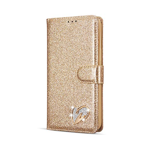 Mo-Somnus Funda para iPhone 12 Pro MAX (6,7 Pulgadas) [con Protector Pantalla], Brillo Bling Flip Caso Tapa Cartera Soporte Plegable Función Ranuras Tarjetas Caja Cubierta Carcasa (Oro) Cover