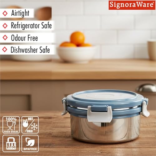 Image of Signoraware Lock N Store Stainless Steel Round Container With Steel Lid | Airtight & Leakproof | Compact & Durable | Ideal for Snacks, Office, School & Travel Use (450ml | EBlue)