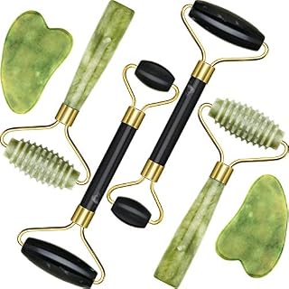 4 Pack Jade Roller Facial Ridged Roller Kits Skin Roller with 2 Pieces