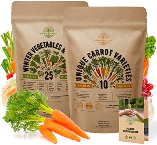 25 Winter Vegetable & 10 Carrot Seeds Variety Packs Bundle Non-GMO Heirloom Seeds for Planting Indoor and Outdoor Over 10100 Carrot & Vegetables Seeds in One Value Bundle