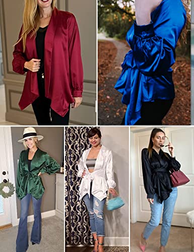 Acevog Satin Blouse For Women Casual Shirt Tie Waist Wrap Open Front Ruffle Cardigan Business Work Tops 2X Large Royal Blue #TOP4