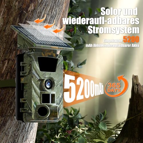 Splixora Wildkamera WLAN mit Handyübertragung App,Wildtierkamera mit Nachtsicht Bewegungsmelder,4K 60MP, Solar Eingebaute Lithiumbatterie 5200mAh,64GB SD Karte,0,1S Auslöser, IP66 Wasserdicht