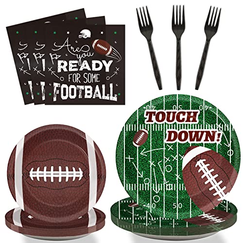 Image of 96 Pieces Football Tableware Set 24 Guests for Football Birthday Table Decorations Supplies Touchdown Football Game Day Party Dessert Plates Napkins Forks Birthday Party Favors