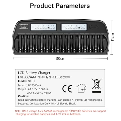 16 Bay Smart Battery Charger LCD Display for 1.2V AA/AAA NiMH/NiCd Rechargeable Batteries with Built-in IC Protection & AC Wall Adapter (Upgraded Charger White/Blue Screen)