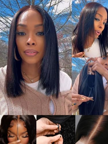 Image of Sunber Glueless Yaki Straight Bob Wigs Pre Plucked Pre Bleached 14inch