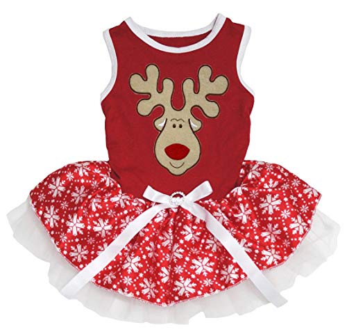 Petitebella Reindeer Face Puppy Dog Dress (Red/Snowflakes, XXX-Large)