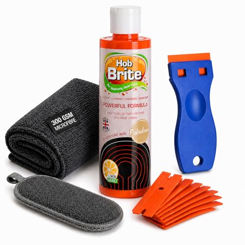 Image of Hob Cleaning Kit with Hob Brite 250 ml, Scraper, 10 Replacement Blades, Microfibre Cloth and Non Scratch Scouring Pad - Suitable for Ceramic, Induction, Electric, Halogen and Glass Cooktops