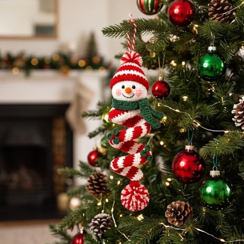Crochet Snowman Spiral Ornament DIY Kit, Christmas Decoration Craft Set with Yarn & Crochet Hook and Instructions, Beginner-Friendly Handmade Tree Ornament for Window Porch Wall (Snowman-C)