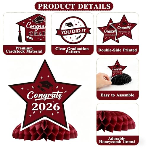 Image of Graduation Decorations 2026, 10PCS Graduation Centerpieces for Table Maroon Black Graduation Party Decorations Class of 2026 Congrats Grad Honeycomb Centerpieces Table Decor Graduation Party Supplies