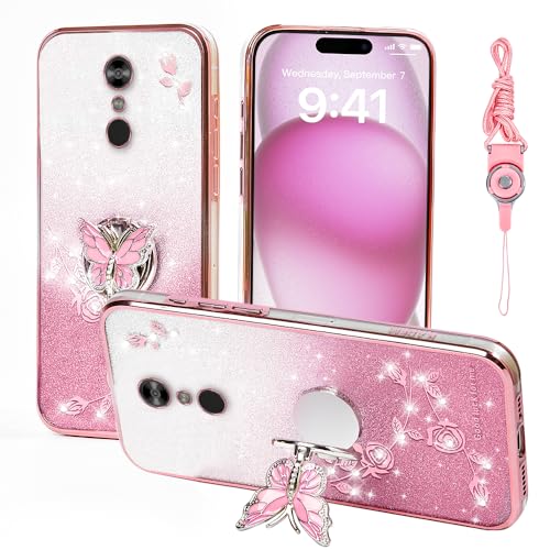 RTYQXK for LG Stylo 4 Phone Case,for LG Stylo 4 Plus Mobile Phone Case for Women and Girl, Glitter Butterfly Floral TPU Protective Cover with Kickstand+Strap for LG Q Stylo/Stylus 4 (Pink)