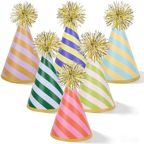Whaline 24 Pcs Stripe Birthday Party Hats with Gold Pom Poms Pape...