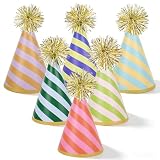 Whaline 24 Pcs Stripe Birthday Party Hats with Gold Pom Poms Paper Cone Hat Colorful Photo Prop for Kids...