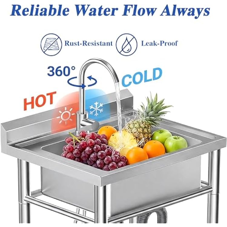 Stainless Steel Prep & Utility Sink, Free Standing Small Sink Include Cold and Hot Water Pipe,commercial Single Bowl Sinks for Garage, Restaurant, Kitchen, Laundry, 20 x 20 x 31.5 (Modern)