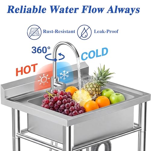 Stainless Steel Prep & Utility Sink, Free Standing Small Sink Include Cold and Hot Water Pipe,commercial Single Bowl Sinks for Garage, Restaurant, Kitchen, Laundry, 20” x 20” x 31.5” (Modern) - Thumbnail 2