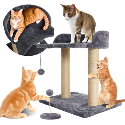 PowerKing Cat Scratching Post for Indoor Cats, Small Cat Scratcher, Featuring Super Cat-Shape Cozy Perch, 2 Sisal Scratch Posts, Interactive Dangling Ball Great for Kittens and Cats (Dark Grey)