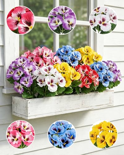 Image of 12 Bundles Artificial Flowers Outdoor, 6 Colours UV Resistant Faux Pansy Flowers Plants, Plastic Fake Silk Flowers Shrubs Plants for Garden Hanging Basket Planter Patio Porch Indoor Outdoor Home Decor