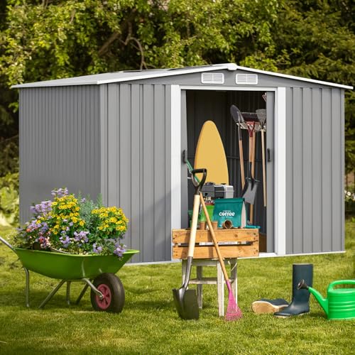 Panana Metal Garden Shed Storage Sheds Heavy Duty Outdoor FREE Base Foundation Green/Grey Color (10x8 Grey)