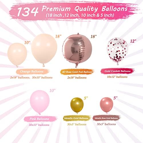 Rose Gold Balloon Arch Kit, RATSAW 134 Pack Balloon Garland With Gold Confetti Pink Macaron Orange Balloons for Birthday Party Wedding Bachelorette Engagement Party Decorations