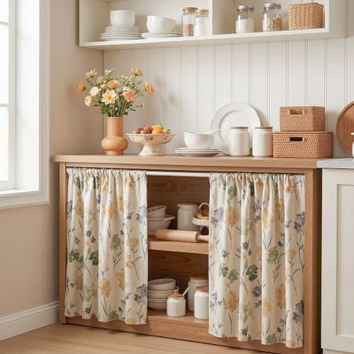 Image of MYSKY HOME Floral Linen Kitchen Tier Cafe Curtains 24 Inch Length 2 Panels Farmhouse Semi Sheer Privacy Small Window Treatments Rod Pocket for Bathroom Basement, Sage Green, 30 inch Wide
