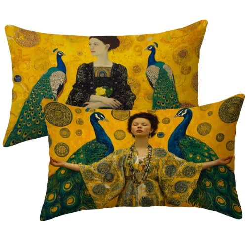 Housse coussin 40x80 lot de 2 imperméable Klimt paon bleu - 2