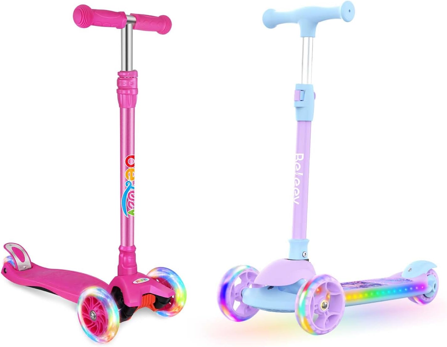 BELEEV Scooters for Kids 3 Wheel Kick Scooter for Toddlers Girls Boys and A9 Kids Scooter with LED Light-Up Wheels & Deck, 3 Wheel Folding Scooter for Toddlers Girls Boys Age 3-12