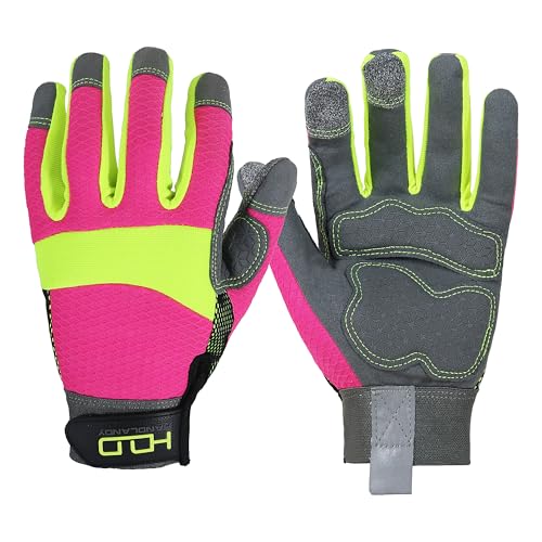 HLDD Handland Gants de travail mécaniques utilitaires pour écran tactile, haute visibilité, réfléchissants, rose, anti-vibration, flexibles et respirants