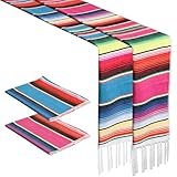 2PCS Mexican Table Runners, 14 x 86 Inch Cinco De Mayo Party Decorations, Rainbow Colors Mexican Fiesta Table Runner for Boho Mexican Theme Party Picnics Table Decor