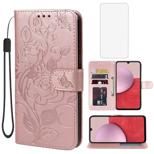 Coque Galaxy A14 Samsung 5G SM-A146U étui portefeuille fleur cuir rabat avec verre