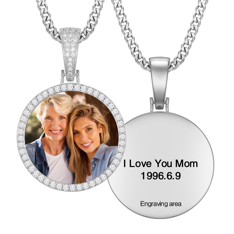 YIMERAIRE Customized Picture Necklace 18k Gold Plated Black/Gold/Silver Personalized Circle Chain Picture Dog Tag Pendant CZ Zicronia Custom Photo