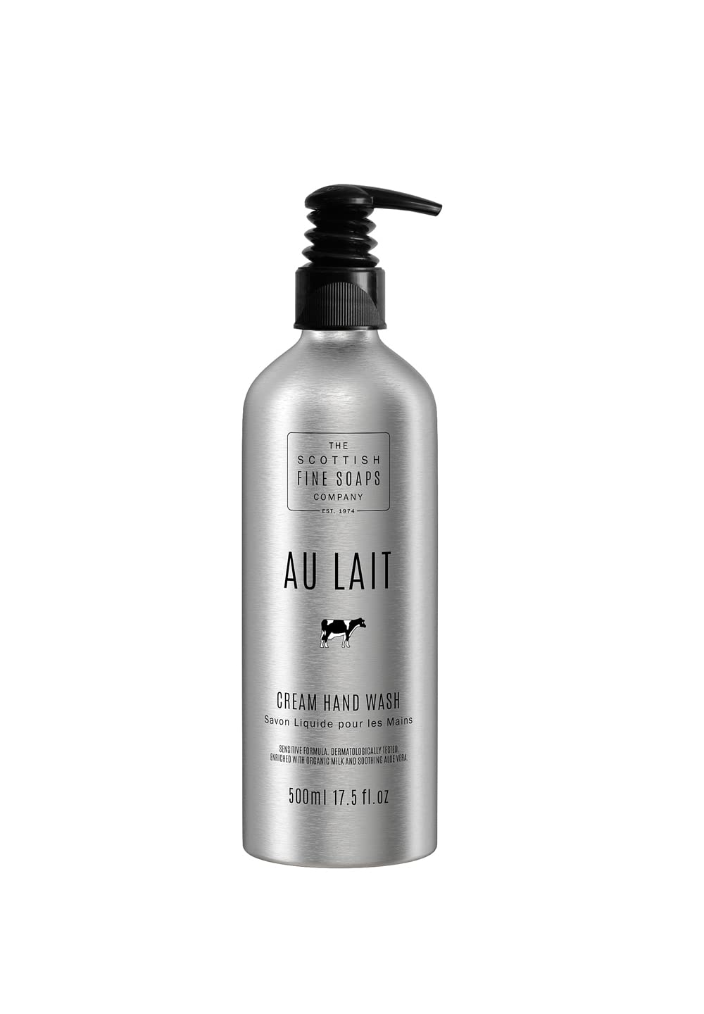 Scottish Fine Soaps - Au Lait Cream Hand Wash - Aluminium Bottle - Enriched With Shea Butter, Sweet Almond Oil and Aloe Vera - Reusable Bottle - 100% Recyclable - Sensitive Formula - 500ml